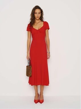 Reformation Afton Red Midi Dress Short Sleeve Tie Front Size 0 NWT